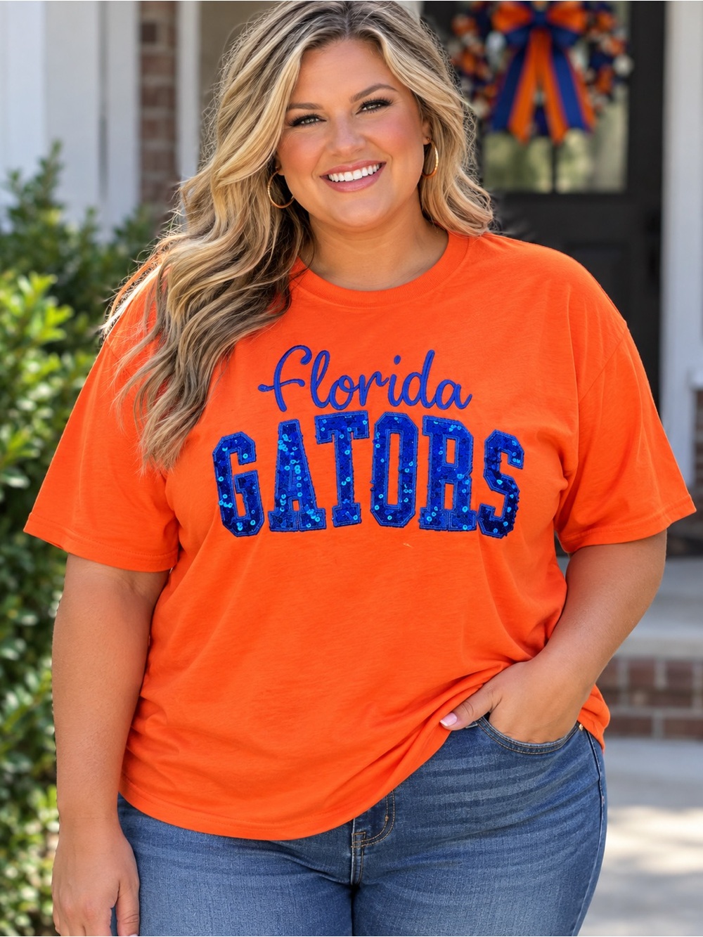 Gildan Orange Tee with Blue Sequin 'GATORS' Script - Women's